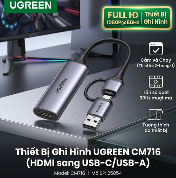 Thiết Bị Ghi H&igrave;nh HDMI to USB-C/USB-A Full HD 1080P@60Hz UGREEN CM716 25854